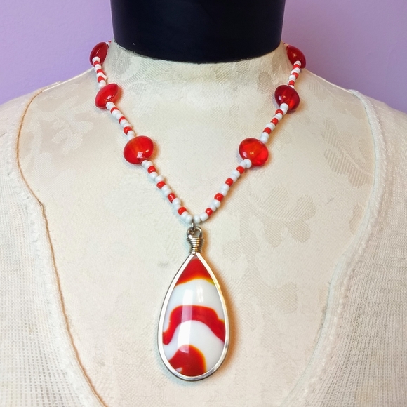 "Fire & Snow" Handmade Lamp-work Glass Necklace - Picture 2 of 3